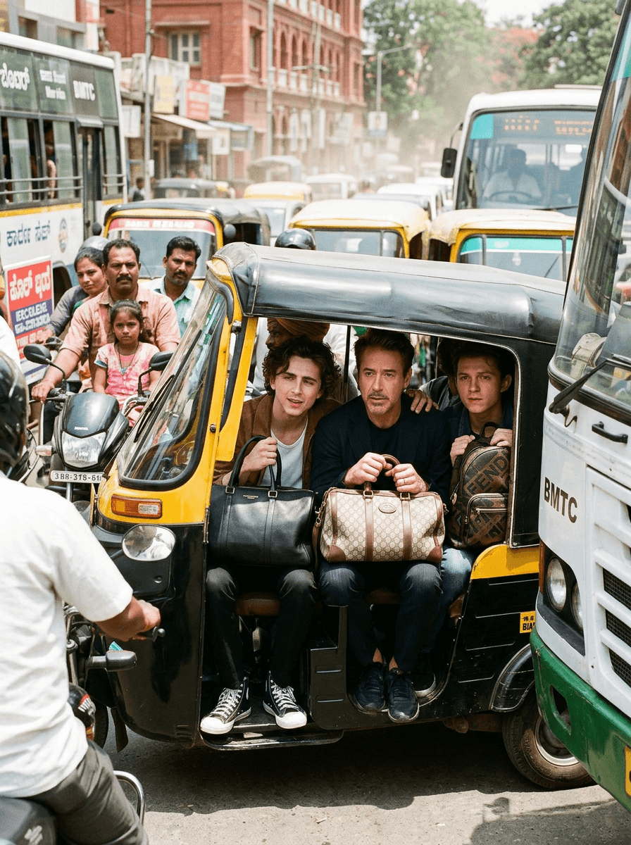 Two or three Hollywood celebrities crammed into a yellow and black Indian auto-rickshaw in heavy Bangalore traffic, looking confused and amused, designer bags on laps, local traffic all around them, bright day, candid zoom lens, photorealistic
