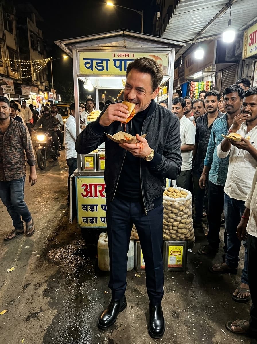 A well-dressed celebrity in head-to-toe luxury designer outfit standing at a crowded Mumbai street vada pav stall, eating with both hands, oil dripping, local crowd watching, bright chaotic street lighting, candid iPhone photo, photorealistic
