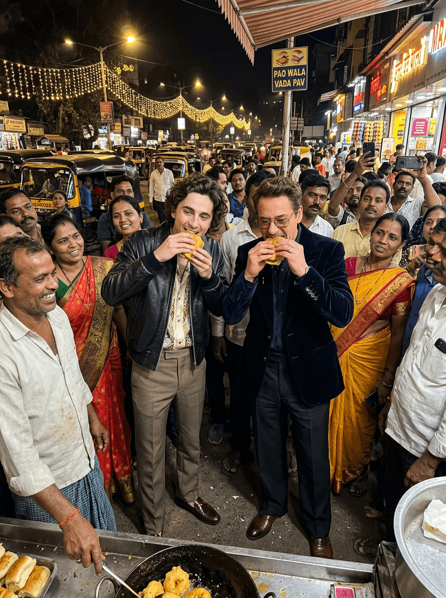 A well-dressed celebrities in head-to-toe luxury designer outfit standing at a crowded Mumbai street vada pav stall, eating with both hands, oil dripping, local crowd watching, bright chaotic street lighting, candid iPhone photo, photorealistic
