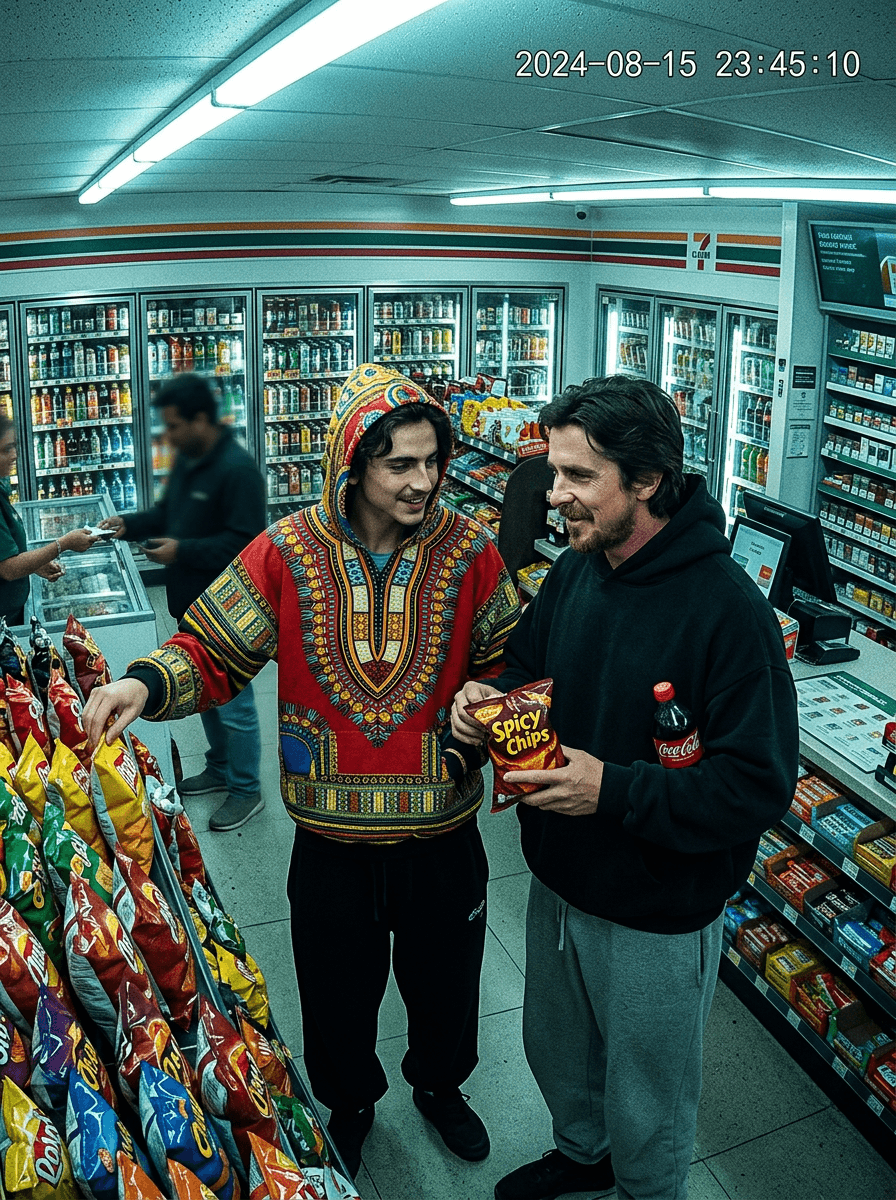 Two Indian men in oversized hoodies and sweats, one in a loud printed hoodie, one in plain black, buying snacks at a 7-Eleven convenience store, fluorescent lighting, late night, security camera angle, candid style, photorealistic

