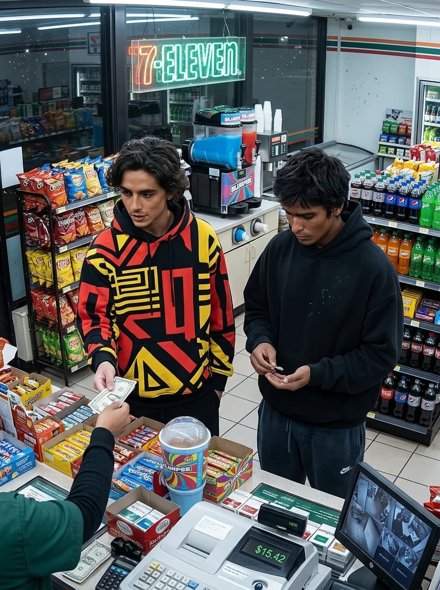 Two Indian men in oversized hoodies and sweats, one in a loud printed hoodie, one in plain black, buying snacks at a 7-Eleven convenience store, fluorescent lighting, late night, security camera angle, candid style, photorealistic

