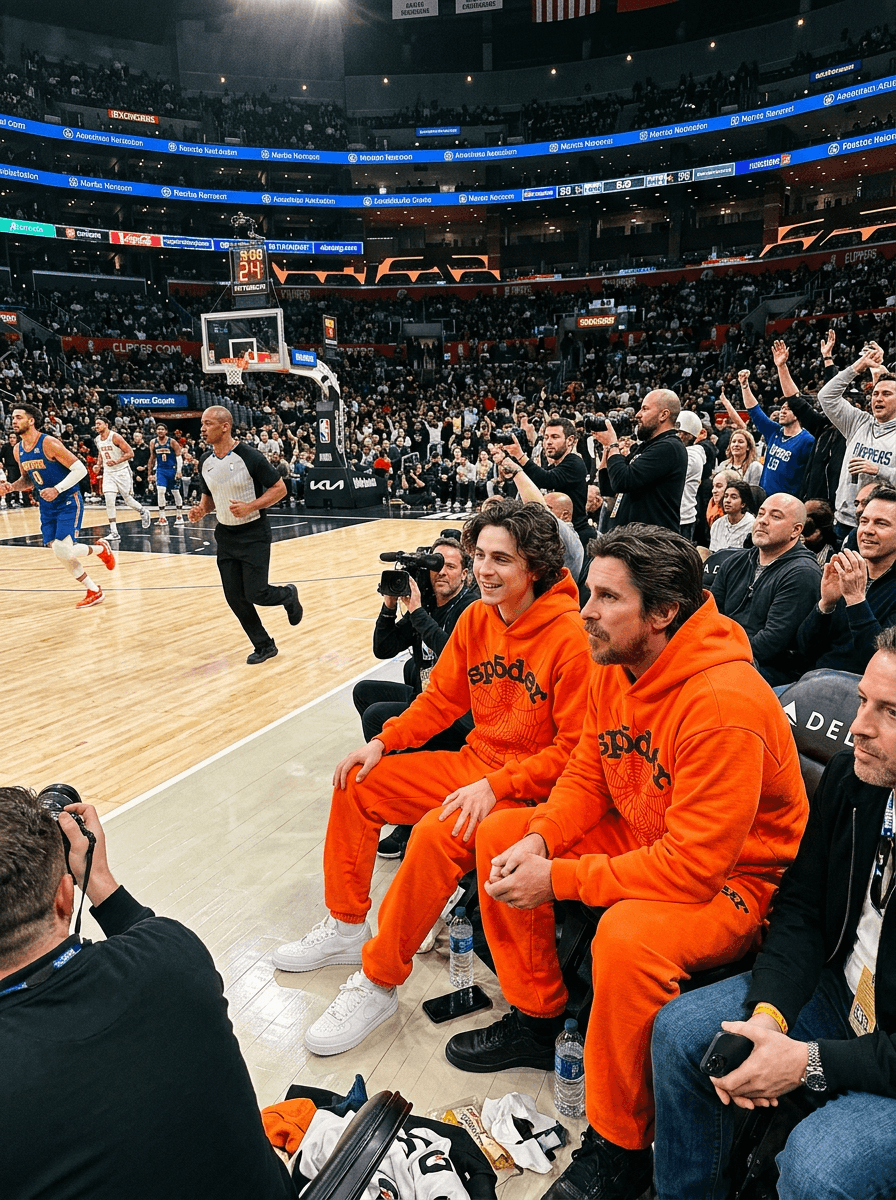 Two men in matching hot orange SP5DER spider web hoodies and sweatpants sitting courtside at an NBA game, crowd visible, casual relaxed pose, candid sports photography, photorealistic, arena lighting
