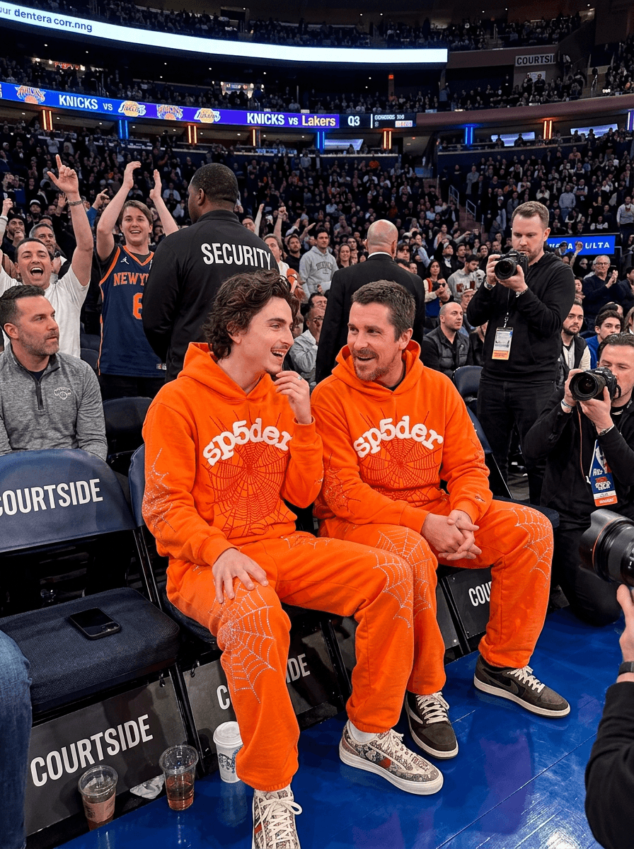 Two men in matching hot orange SP5DER spider web hoodies and sweatpants sitting courtside at an NBA game, crowd visible, casual relaxed pose, candid sports photography, photorealistic, arena lighting
