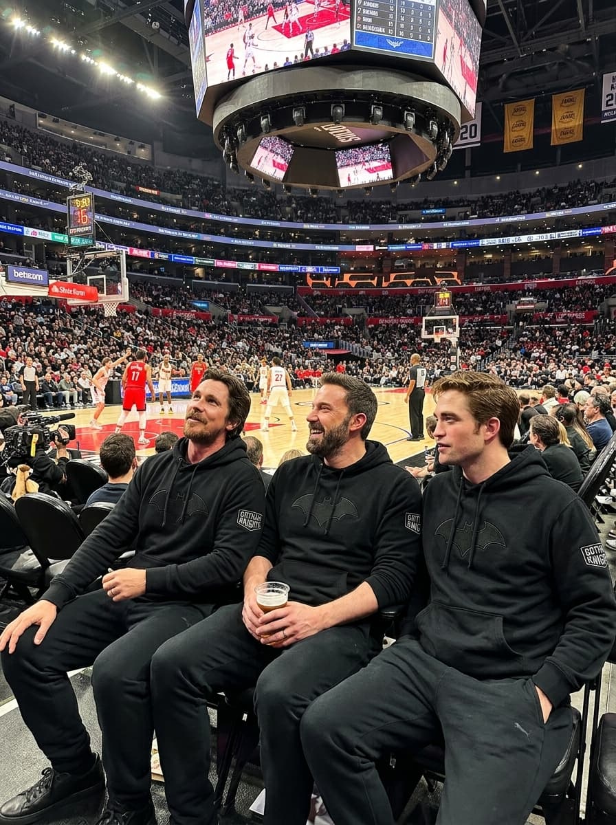 three men in matching hot black batman inspired hoodies and sweatpants sitting courtside at an NBA game, crowd visible, casual relaxed pose, candid sports photography, photorealistic, arena lighting
