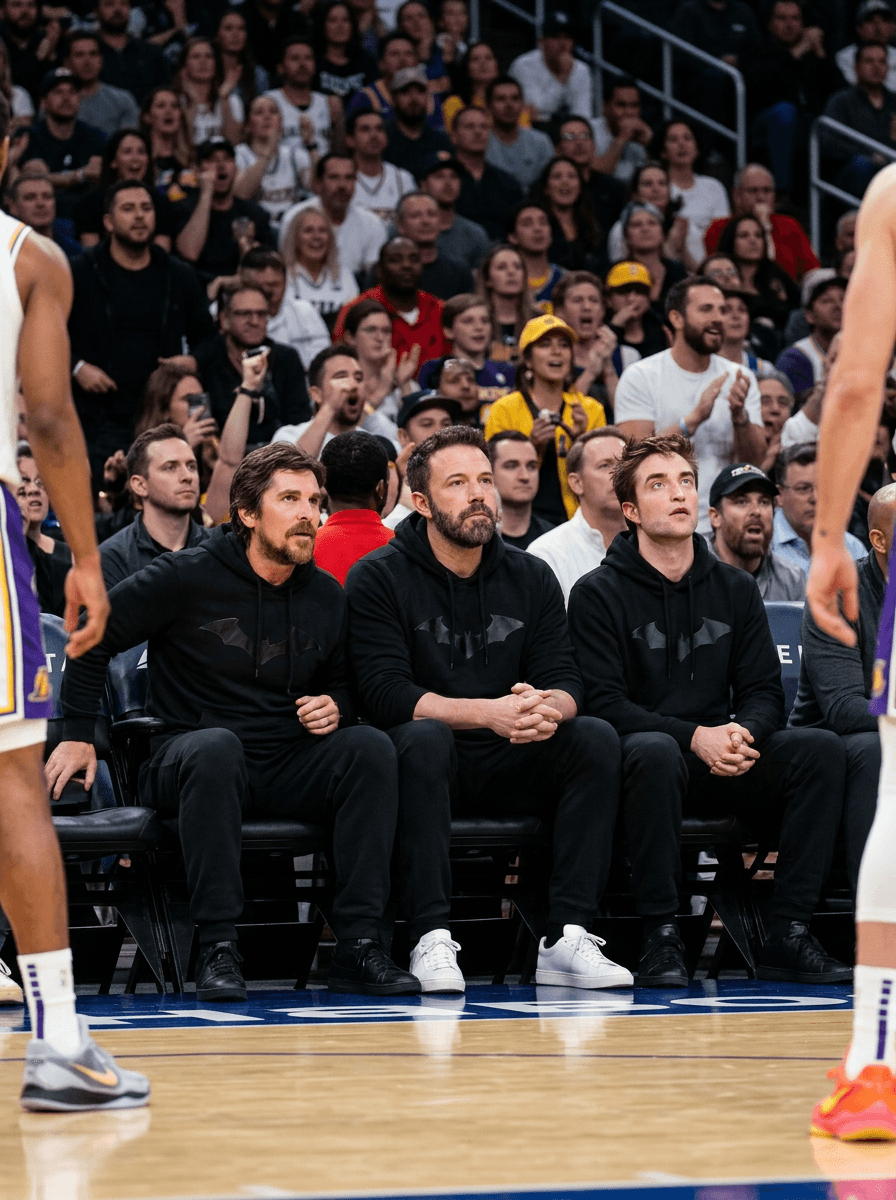 three men in matching hot black batman inspired hoodies and sweatpants sitting courtside watching an NBA game, crowd visible behind them, casual relaxed pose, candid sports photography, photorealistic, arena lighting
