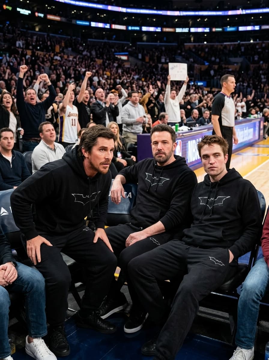 three men in matching hot black batman inspired hoodies and sweatpants sitting courtside watching an NBA game, crowd visible behind them, casual relaxed pose, candid sports photography, photorealistic, arena lighting

