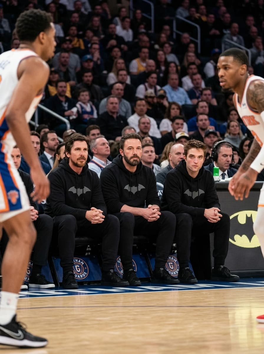 three men in matching hot black batman inspired hoodies and sweatpants sitting courtside watching an NBA game, crowd visible behind them, casual relaxed pose, candid sports photography, photorealistic, arena lighting
