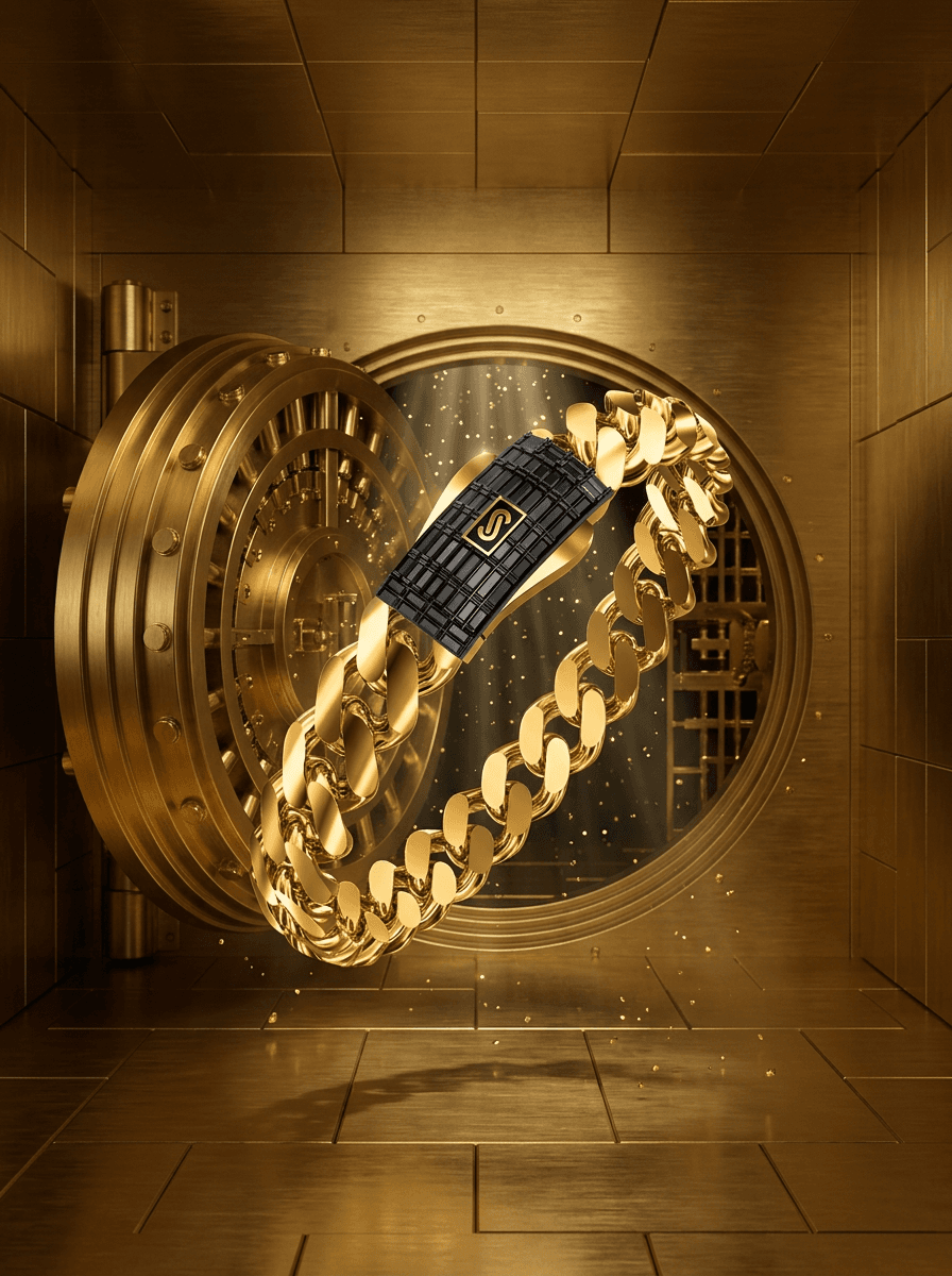 The bracelet suspended inside an enormous bank vault constructed entirely from brushed gold. Massive vault doors remain partially open behind it while thousands of tiny gold particles float through shafts of light. The black centerpiece becomes the visual focal point against the glowing gold architecture. Ultra luxury campaign, extreme wealth symbolism, cinematic lighting, black and gold color palette, Hasselblad medium format, masterpiece commercial photography.