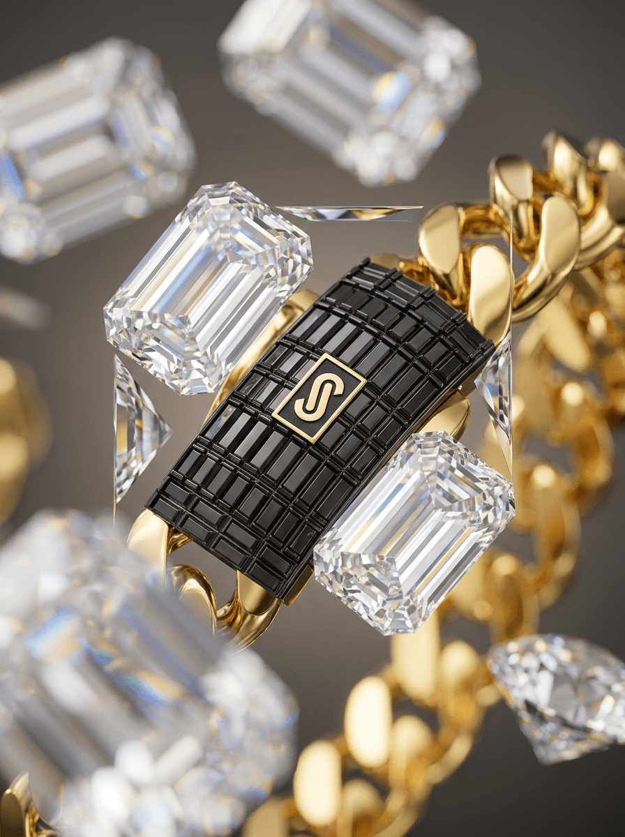 Macro telephoto.

The camera shoots through oversized floating emerald-cut diamonds.

The bracelet is visible only between crystal gaps.

Massive foreground bokeh.

Feels like a $50k/day campaign shoot.
