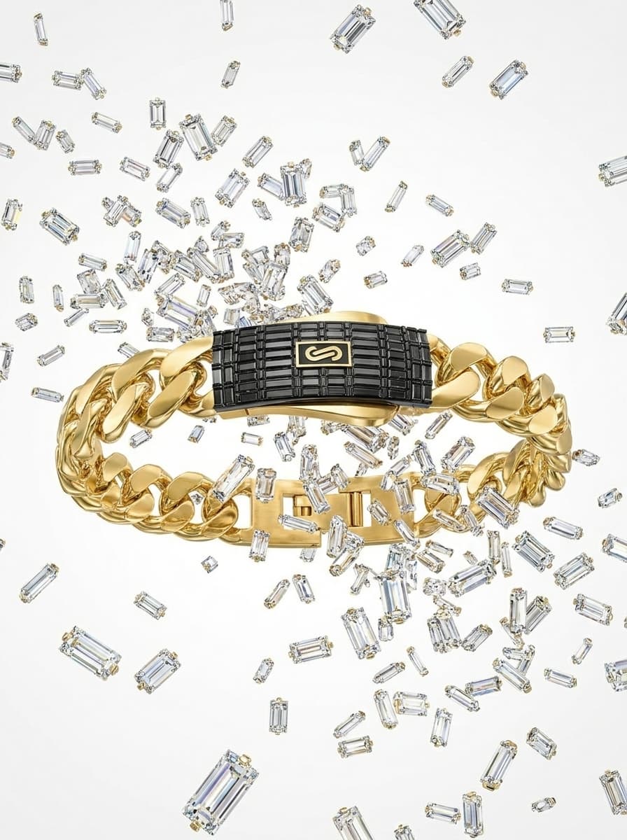 Side perspective.

Thousands of baguette-cut diamonds suspended in midair.

The bracelet sits untouched among them.

Like time stopped.

Works perfectly because the centerpiece already uses baguette geometry.