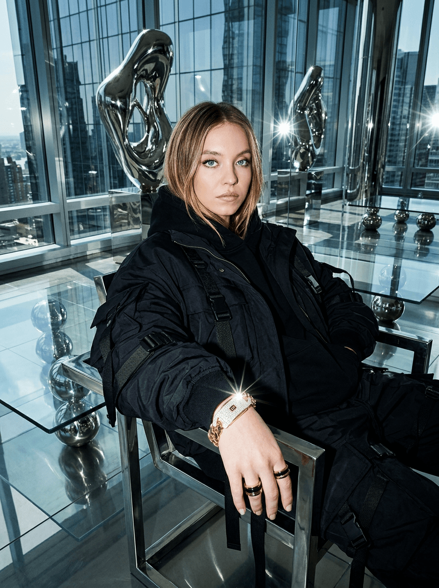 cinematic direct flash fashion editorial of a stylish subject wearing the uploaded jewelry (bracelet) while dressed in oversized black luxury streetwear, seated inside a futuristic chrome penthouse surrounded by reflective metallic sculptures and floating glass tables, emotionally detached expression illuminated by aggressive paparazzi flash lighting, jewelry catching sharp highlights while glossy architectural reflections create cinematic billionaire fashion campaign realism