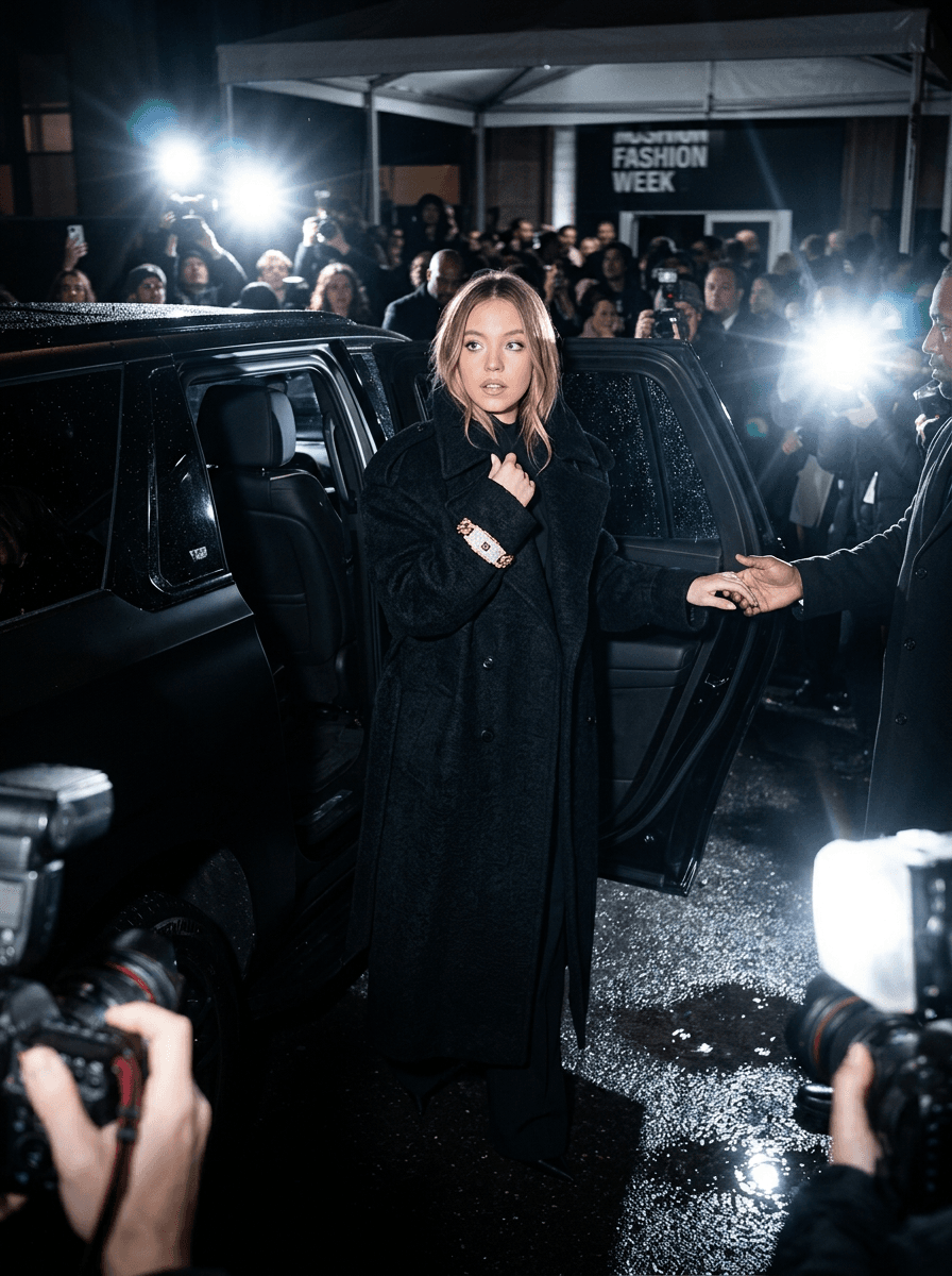 cinematic paparazzi-style flash photograph of a stylish subject wearing the uploaded jewelry while exiting a matte-black luxury SUV outside a crowded fashion-week venue at night, oversized monochromatic designer fashion and dramatic outerwear illuminated by aggressive direct flash lighting, chaotic crowd energy and wet pavement reflections creating cinematic celebrity fashion realism