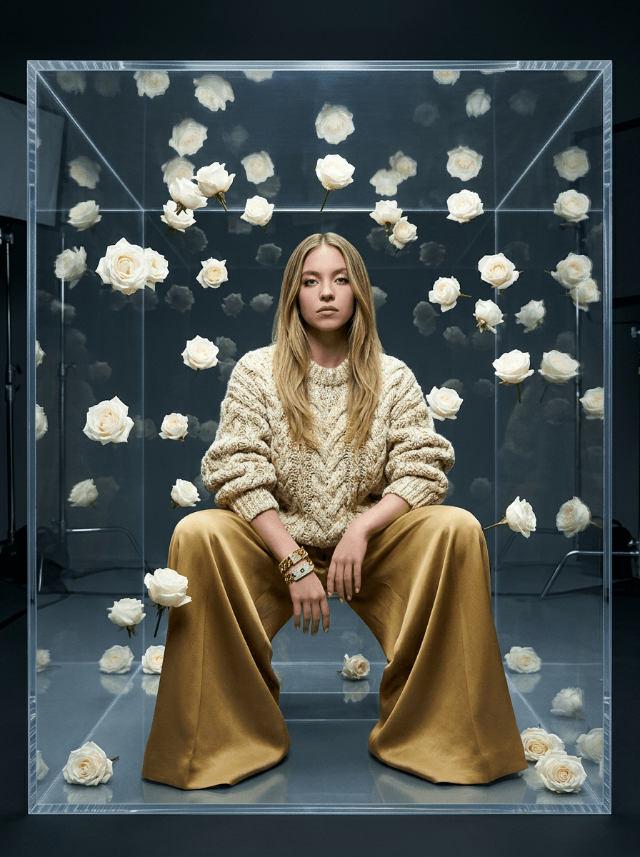 high-fashion studio campaign photograph of a stylish subject wearing the uploaded jewelry (bracelet) paired with exaggerated luxury knitwear and oversized trousers, seated inside a giant transparent acrylic cube filled with floating white roses, harsh direct flash exposure creating glossy reflections and cinematic luxury fashion realism