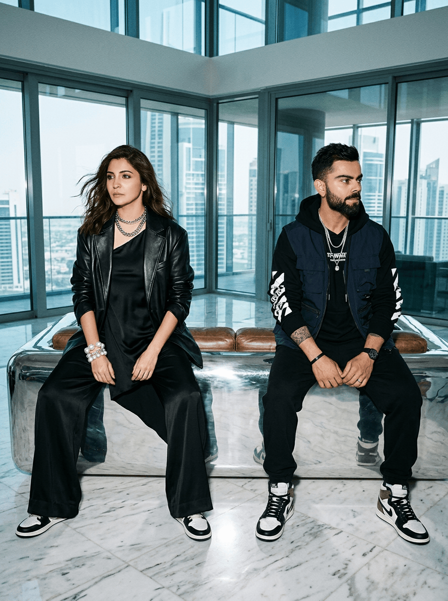 cinematic direct flash fashion editorial of a stylish couple wearing coordinated luxury streetwear, seated on opposite ends of a massive chrome sofa inside a futuristic penthouse, emotionally detached expressions with subtle tension between them, oversized silhouettes and layered accessories illuminated by aggressive paparazzi flash lighting, reflective architecture and skyline views creating cinematic billionaire fashion campaign realism