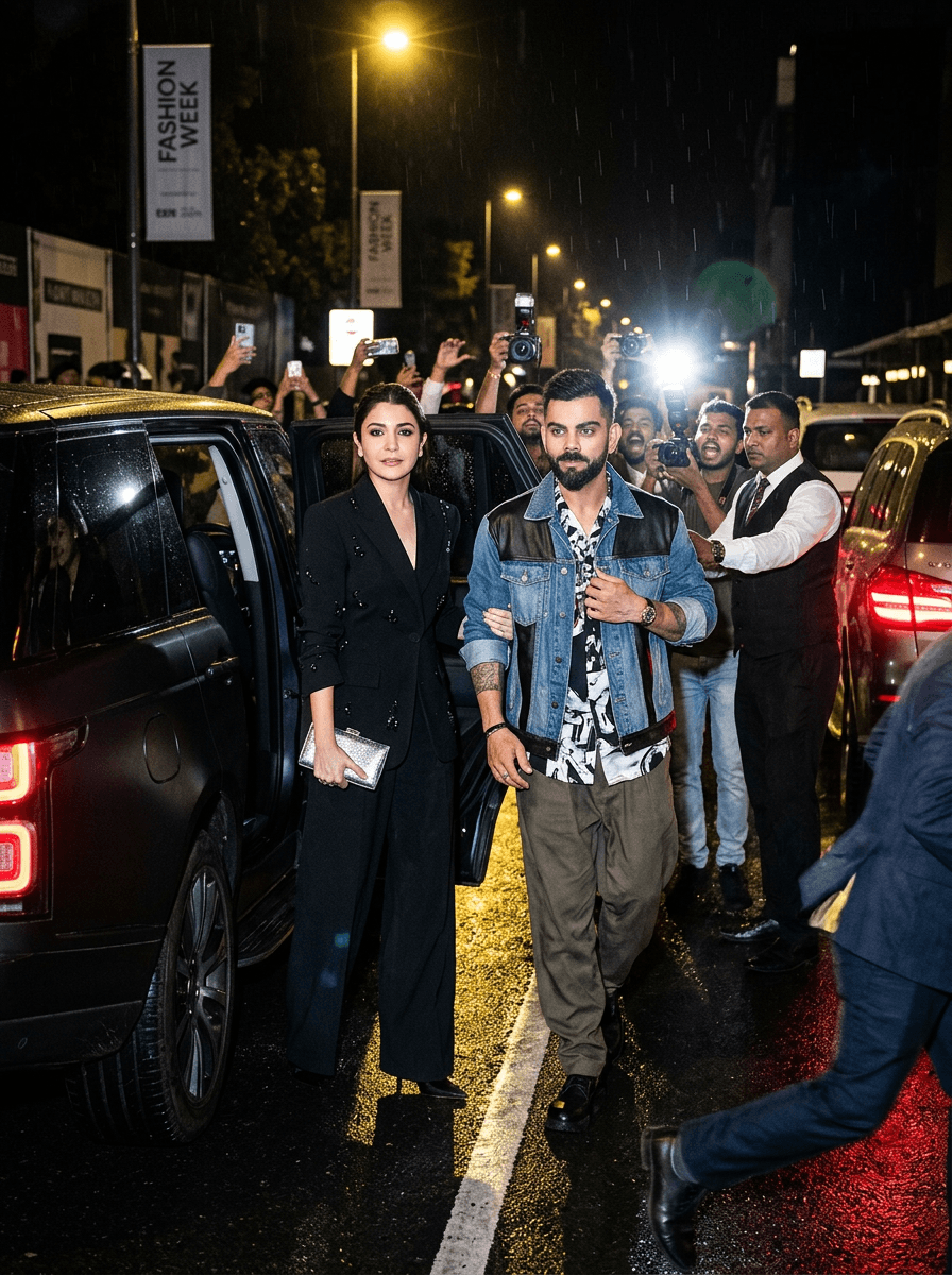 cinematic paparazzi-style flash photograph of a fashionable couple exiting a matte-black luxury SUV outside a crowded fashion-week venue at night, coordinated oversized designer fashion illuminated by aggressive direct flash lighting, chaotic crowd movement and wet pavement reflections creating cinematic celebrity fashion realism