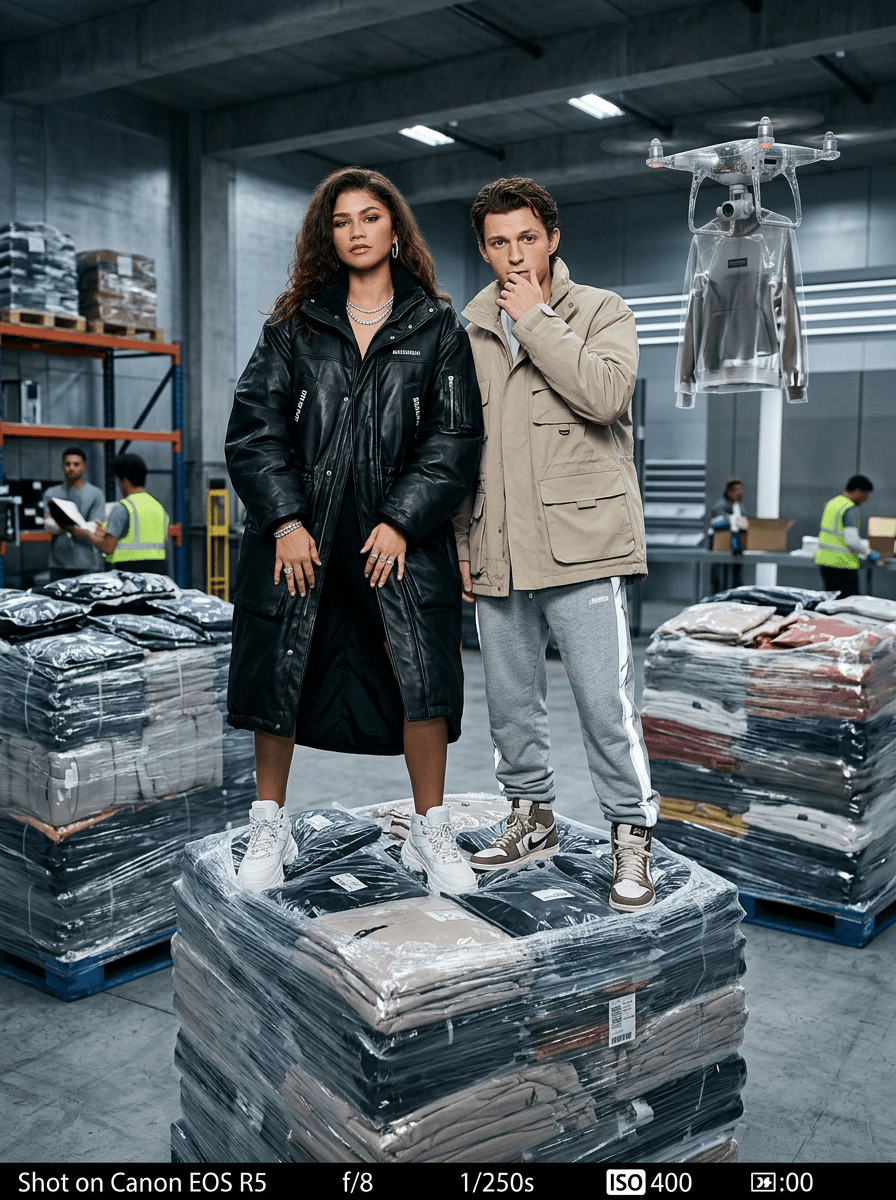 aggressive DSLR flash fashion campaign of a stylish couple wearing oversized luxury streetwear while seated atop giant stacks of packaged clothing inside a futuristic warehouse studio, playful but emotionally detached expressions illuminated by harsh paparazzi flash exposure, floating garments and industrial architecture creating cinematic luxury streetwear realism