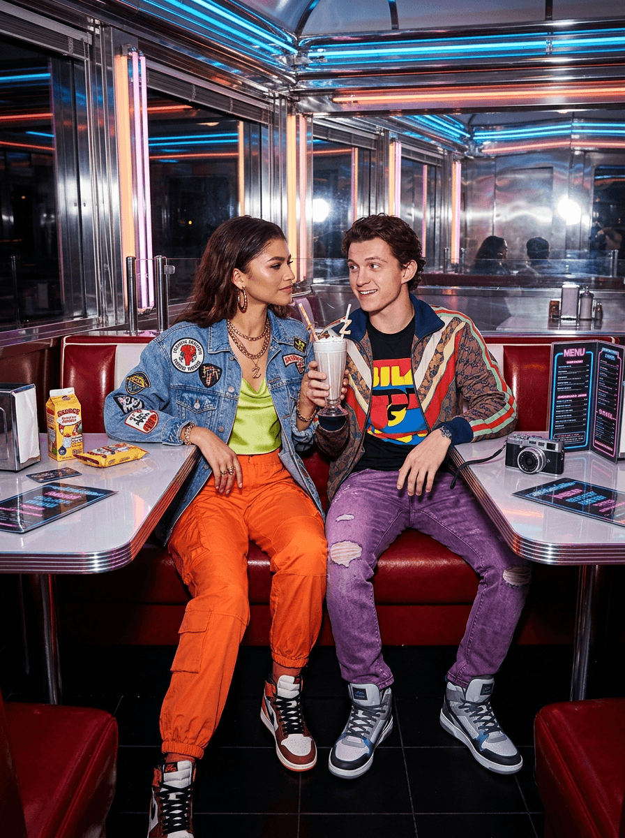 cinematic fashion campaign photograph of a stylish couple wearing colorful luxury streetwear while seated inside a retro-futuristic chrome diner, playful chemistry mixed with awkward editorial posture illuminated by harsh DSLR flash exposure, reflective surfaces and neon lighting creating cinematic internet-luxury fashion realism