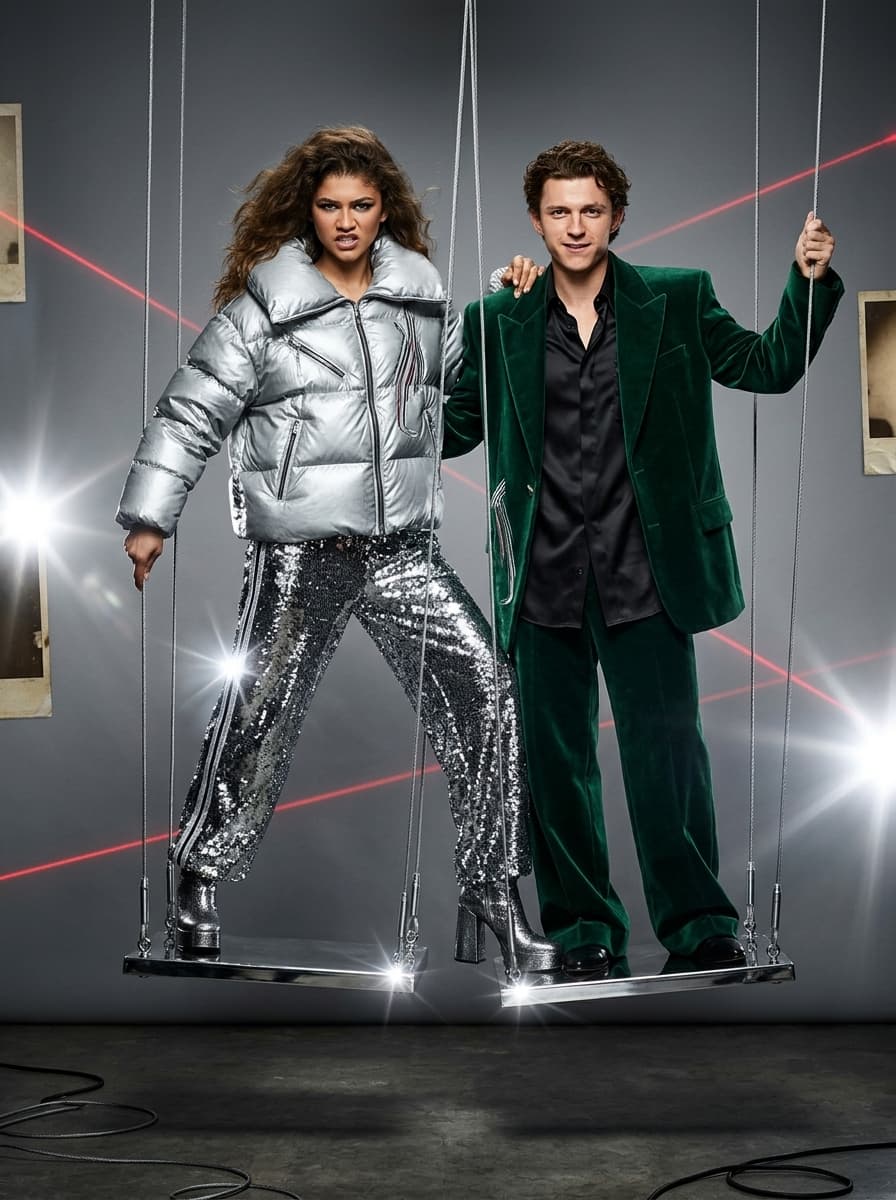 high-fashion studio editorial of a stylish couple wearing coordinated oversized fashion while balancing on suspended chrome platforms inside a seamless grey studio, exaggerated editorial poses illuminated by aggressive paparazzi flash lighting, dramatic shadows and reflective surfaces creating cinematic avant-garde campaign realism