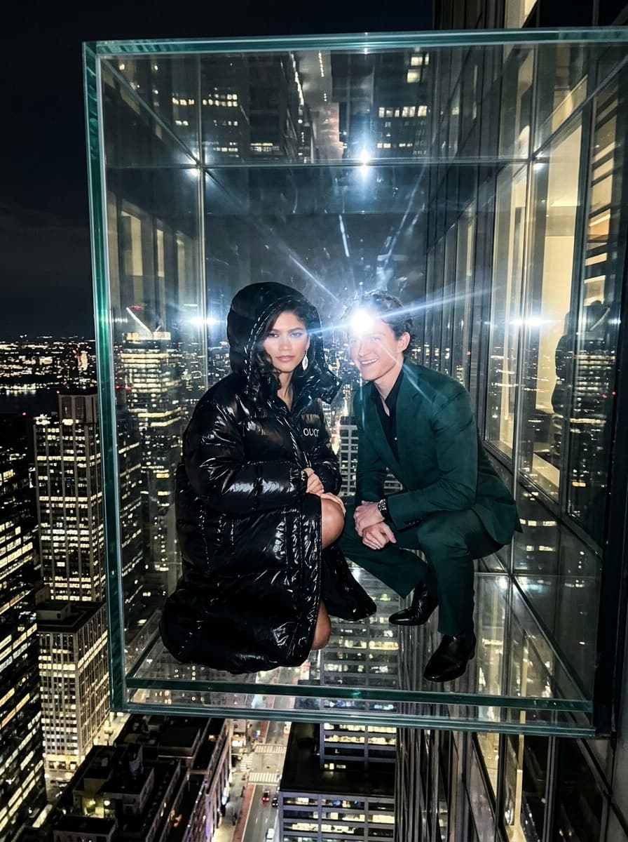 aggressive paparazzi-style flash photograph of a fashionable couple wearing oversized luxury outerwear while seated inside a suspended glass cube hanging above a city skyline, dramatic fashion posture illuminated by harsh direct flash lighting, architectural reflections and cinematic luxury campaign atmosphere