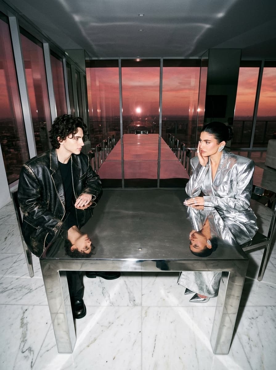 cinematic direct flash editorial of a stylish couple wearing oversized luxury fashion while seated at opposite ends of a 30-foot chrome dining table inside a futuristic penthouse, subtle relationship tension illuminated by aggressive DSLR flash lighting, reflective surfaces and dramatic composition creating cinematic billionaire fashion campaign realism