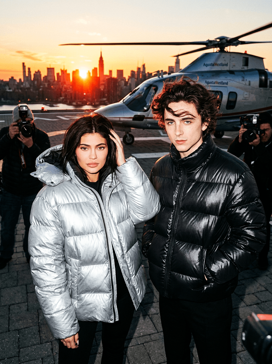aggressive paparazzi flash photograph of a fashionable couple wearing oversized designer outerwear while standing on a private rooftop helipad at sunset, wind blowing through the garments, emotionally detached celebrity expressions illuminated by harsh direct flash lighting, skyline views creating cinematic billionaire campaign realism