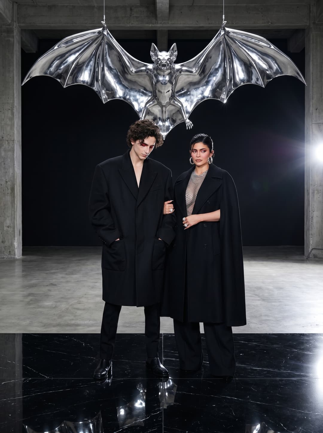 high-fashion studio photograph of a stylish couple wearing oversized black designer outerwear and luxury tailoring while standing beneath a giant suspended chrome bat sculpture inside a seamless dark studio, awkward editorial body language illuminated by harsh DSLR flash exposure, dramatic shadows and reflective flooring creating cinematic luxury Gotham-inspired campaign realism