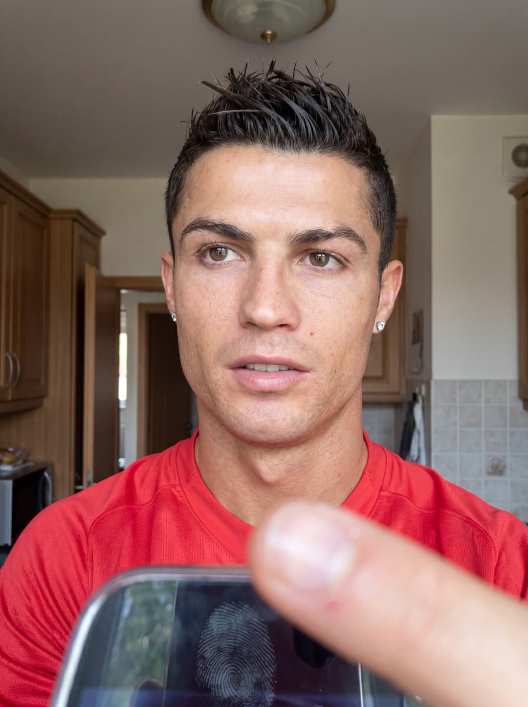 Ultra-realistic accidental front-camera selfie featuring the uploaded subject. Preserve the exact identity, facial features, skin texture, hairstyle, proportions, and natural imperfections.

The subject appears to be casually grabbing their phone or unintentionally triggering the camera. Slightly awkward framing, imperfect composition, authentic candid energy. One finger partially covers the lens in the foreground creating natural blur and depth. The phone is held too close, causing subtle perspective distortion and an intimate feeling.

Camera angle: low-angle front camera perspective, slightly tilted, handheld, imperfect framing. The subject is not fully centered. Parts of the face or hair may be cropped naturally by the frame.

Expression: relaxed, unposed, slightly curious, sleepy, distracted, or caught off guard. No influencer smile, no professional modeling pose, no deliberate eye contact. Genuine candid human behavior.

Environment: everyday indoor setting such as a bedroom, apartment, kitchen, hallway, or living room. Real-life background details softly visible but not distracting.

Lighting: natural practical lighting from ceiling lights, lamps, screens, or window spill. Soft shadows, realistic exposure, slightly uneven lighting typical of spontaneous selfies.

Image quality: realistic smartphone photography, subtle motion blur, slight focus imperfections, natural noise, authentic depth, realistic skin pores, flyaway hair strands, tiny facial asymmetries, lived-in realism.

Shot on iPhone front camera, accidental capture aesthetic, genuine Gen-Z candid energy, unfiltered moment, not a photoshoot, not polished, not commercial, believable everyday life photography.
