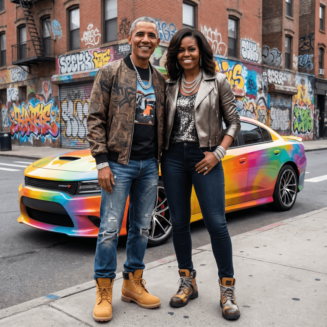 Make an image of Barack Obama and Michelle Obama dressing in flashy clothes and timberland boots on with iced out bracelet and chains. They are standing in front of a scat dodge charger and a street background with graffiti on the buildings