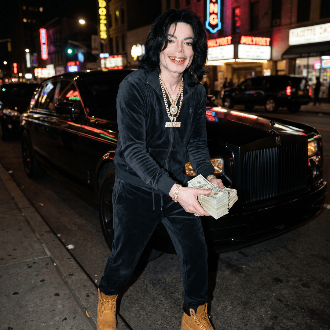 Make a picture of Michael Jackson with a stack a money in his hand holding it out, with grills in his mouth smiling with gold diamond chains and bracelet on with some timberland on with a 2 piece jogging suit on. He is standing in front of a black out rolls Royce in a night time setting in night life street lights