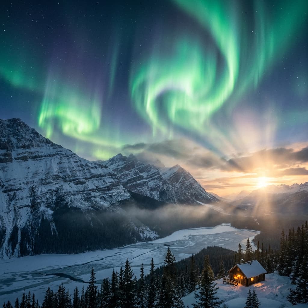 A magical aurora over snow-capped mountains at twilight, cinematic 4K, volumetric lighting, ultra-detailed landscape photography