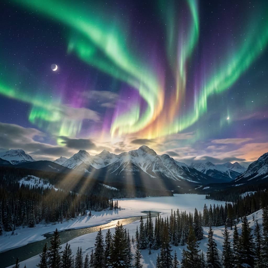 A magical aurora over snow-capped mountains at twilight, cinematic 4K, volumetric lighting, ultra-detailed landscape photography