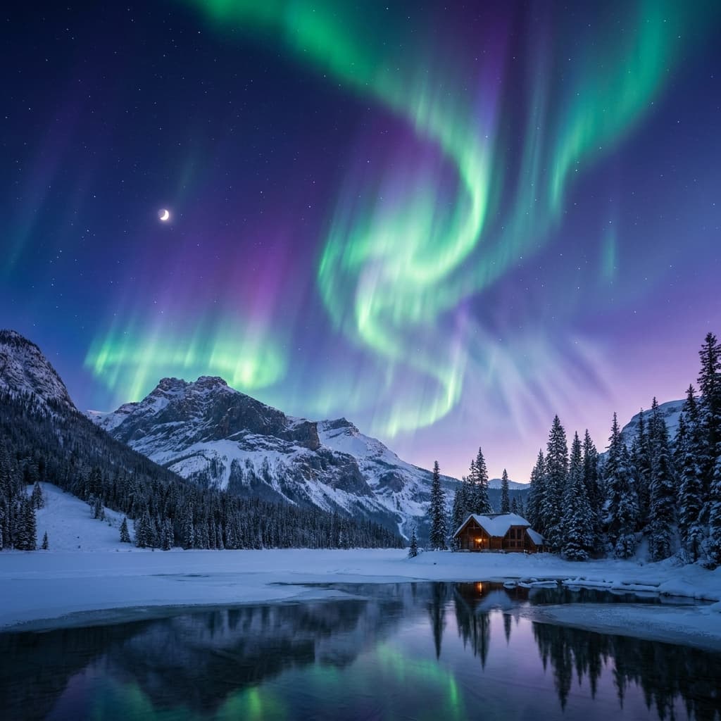 A magical aurora over snow-capped mountains at twilight, cinematic 4K, volumetric lighting, ultra-detailed landscape photography