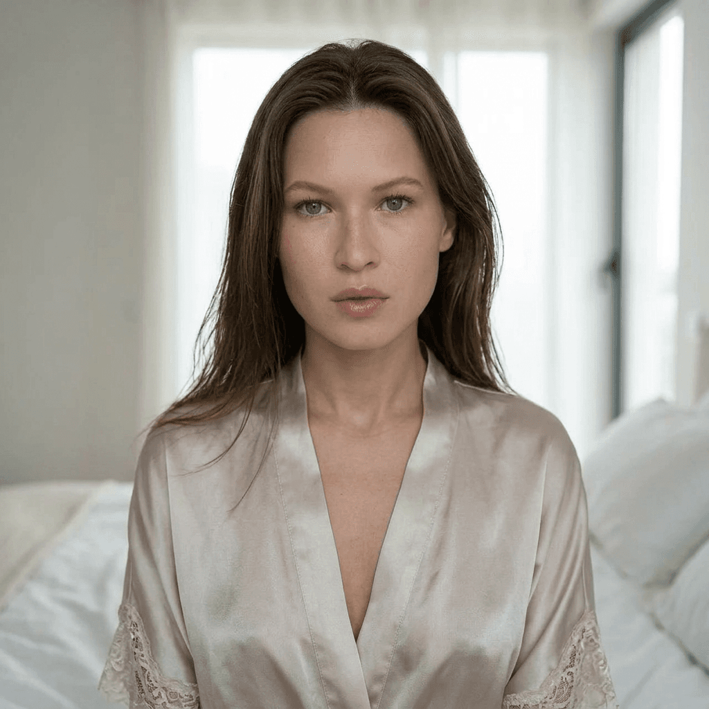 девушка в шелковом халате из шелкового очень тонкого материала 