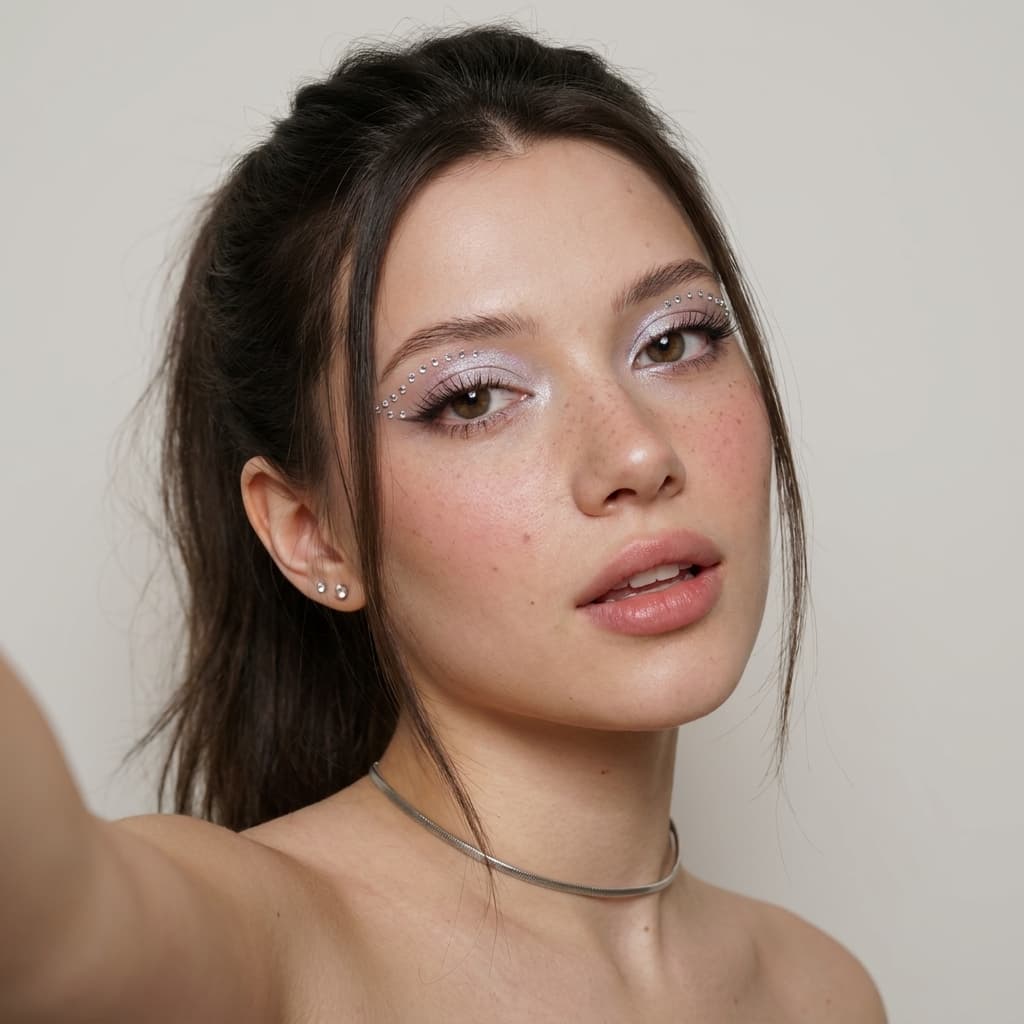 Using the person in the uploaded reference image, recreate this scene: ultra-realistic beauty selfie portrait of the person from the reference image, captured at a slight three-quarter angle, close-up framing from shoulders up. The camera is held in hand, selfie perspective. Facial expression: mouth slightly open with relaxed parted lips, soft sensual expression, subtle surprise or playful curiosity in the eyes. Extremely realistic skin texture with visible pores, soft freckles, natural blush, and healthy glow. Dramatic eye makeup with shimmering pastel tones, precise eyeliner, long lashes and decorative rhinestone makeup forming symmetrical curved lines. Hairstyle with loose front strands and ponytail. Wearing small stud earrings and a thin choker necklace. Soft even beauty studio-like lighting. Clean neutral background. Ultra high resolution, 8K, HD detail, razor-sharp focus, professional photography look.
