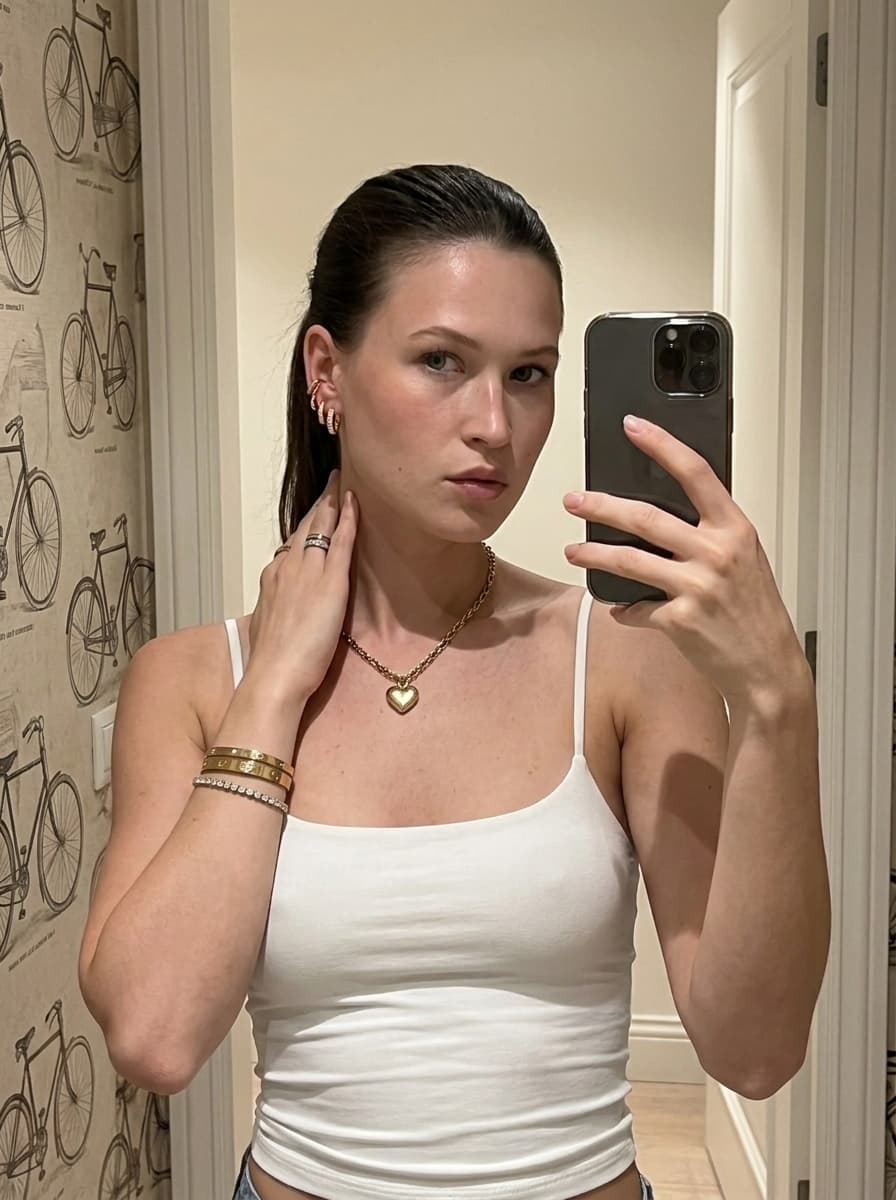 { "subject": { "reference_image_subject": "The woman in the attached reference image (DO NOT TOUCH FACE).", "description": "woman with a fit, slender build", "hair": "Dark brown to black hair, styled in a sleek, tight ponytail with a middle part", "eyes": "determined by the uploaded reference image", "skin": "determined by the uploaded reference image", "expression": "Neutral to slight pout, soft and alluring gaze looking directly at the camera", "pose": "Selfie angle, one arm extended holding the camera, the other arm raised with hand touching the back of the head/neck area" }, "attire": { "clothing": "White, tight-fitting spaghetti strap tank top", "style": "Casual, loungewear, clean aesthetic" }, "accessories": { "neck": "Gold chain necklace with a medium-sized heart pendant", "ears": "Multiple ear piercings; small gold hoops and pink/purple huggie hoop earrings", "wrists": "Stacked bracelets on the left wrist including a gold screw-motif bangle (Cartier style), a diamond tennis bracelet, and delicate gold chains", "fingers": "Multiple gold rings stacked on the left hand" }, "makeup": { "style": "Natural glam / clean girl aesthetic", "details": "Defined eyebrows, highlighter on cheekbones and tip of the nose, glossy nude-pink lips, subtle mascara" }, "environment": { "location": "Indoor hallway or bedroom", "background": "Wallpaper featuring a repeating pattern of vintage bicycles, white door frame, cream-colored walls, glimpse of wooden flooring", "lighting": "Soft, warm artificial indoor lighting, creating a golden hour glow effect on the skin" }, "technical_specs": { "resolution": "4K Ultra HD", "quality": "Photorealistic, highly detailed textures, sharp focus", "camera_angle": "Eye-level selfie perspective", "style": "Influencer selfie, candid, high-end lifestyle photography" }, "photography_style": { "camera": "iPhone 15 Pro style handheld capture, realistic lens perspective", "lighting": "natural, believable light behavior with soft falloff", "quality": "photorealistic detail, sharp focus, natural texture retention" } }