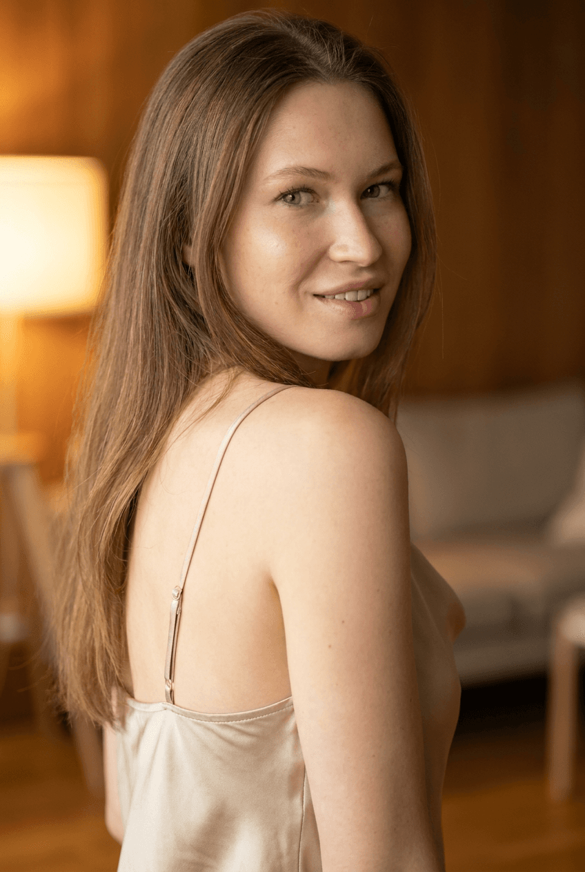 The person in the uploaded reference image (DO NOT TOUCH FACE) with long, flowing hair looks back over her left shoulder with a gentle smile, her head tilted slightly, and her dark eyes directed toward the camera. She is captured in a medium close-up shot, framed from the waist up, from a slightly low-angle perspective that emphasizes her bare back and the delicate spaghetti strap of her champagne-colored silk slip dress. The silk has a subtle sheen, reflecting the soft, warm light. Her skin appears smooth, with a natural, dewy finish. The background is a softly blurred, out-of-focus interior space, suggesting a dimly lit room with hints of warm wood textures and perhaps a distant, indistinct window. The lighting originates from the side and slightly behind her, creating a gentle rim light that defines the contours of her hair and shoulders, while the front of her is softly illuminated, avoiding harsh shadows. The camera lens exhibits a shallow depth of field, rendering the background indistinct and drawing full attention to the subject. The overall mood is intimate and serene. Negative constraints: no visible seams, no unnatural poses, no distracting background elements, no harsh lighting, no over-saturation, no visible watermarks, no text.
