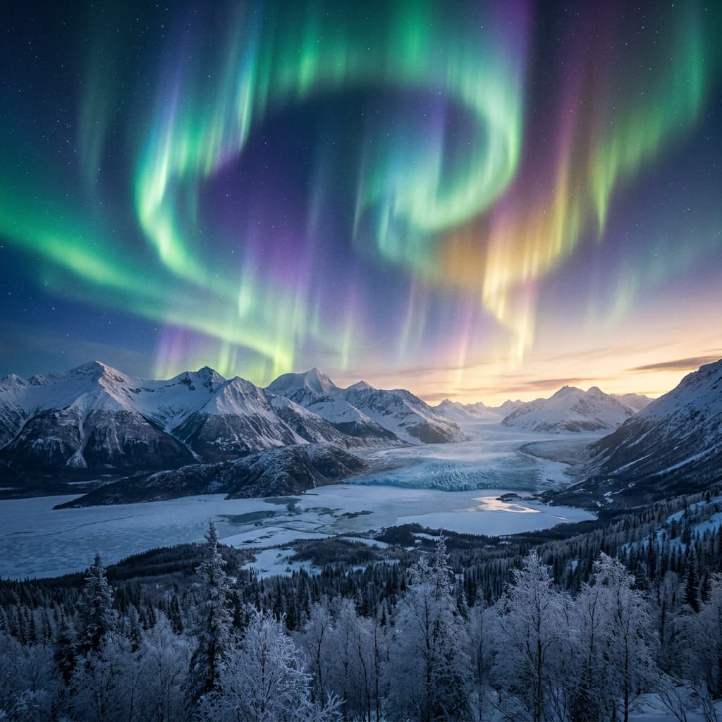 A magical aurora over snow-capped mountains at twilight, cinematic 4K, volumetric lighting, ultra-detailed landscape photography