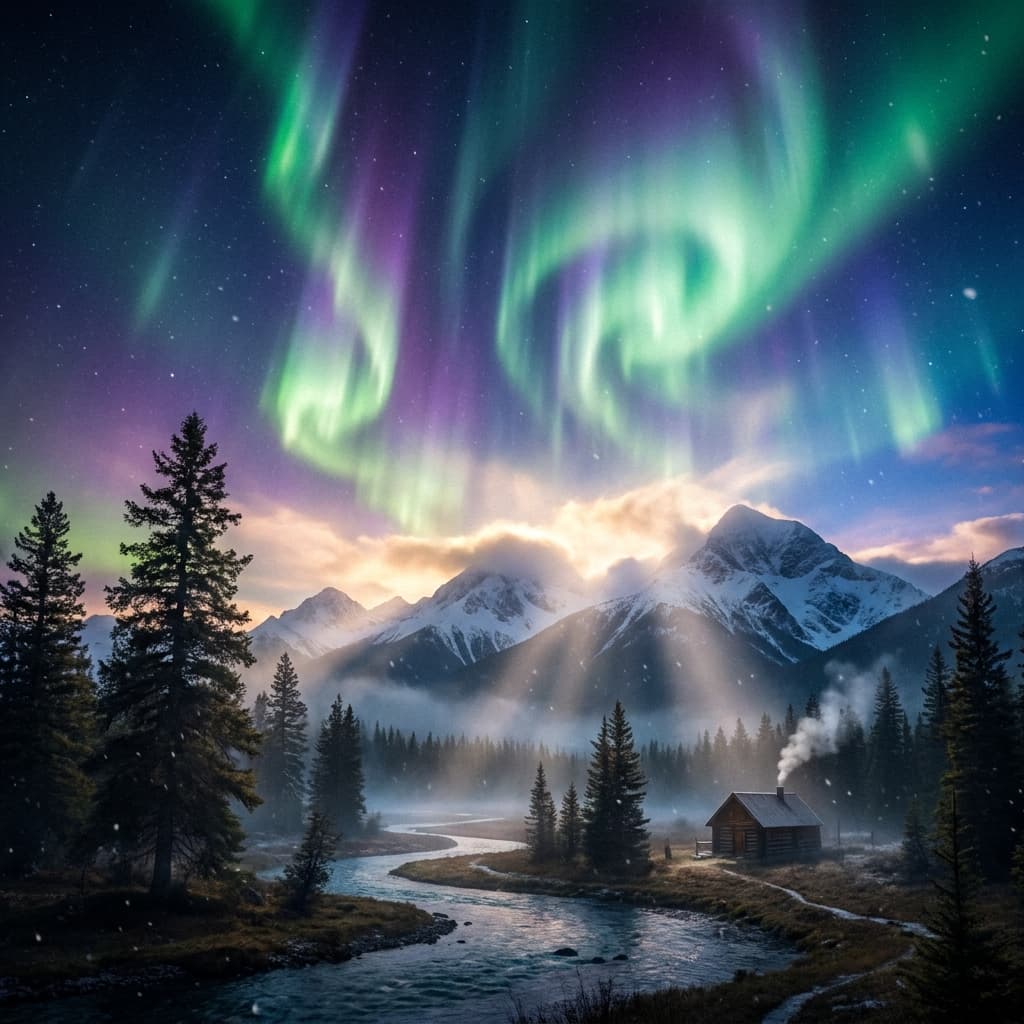 A magical aurora over snow-capped mountains at twilight, cinematic 4K, volumetric lighting, ultra-detailed landscape photography