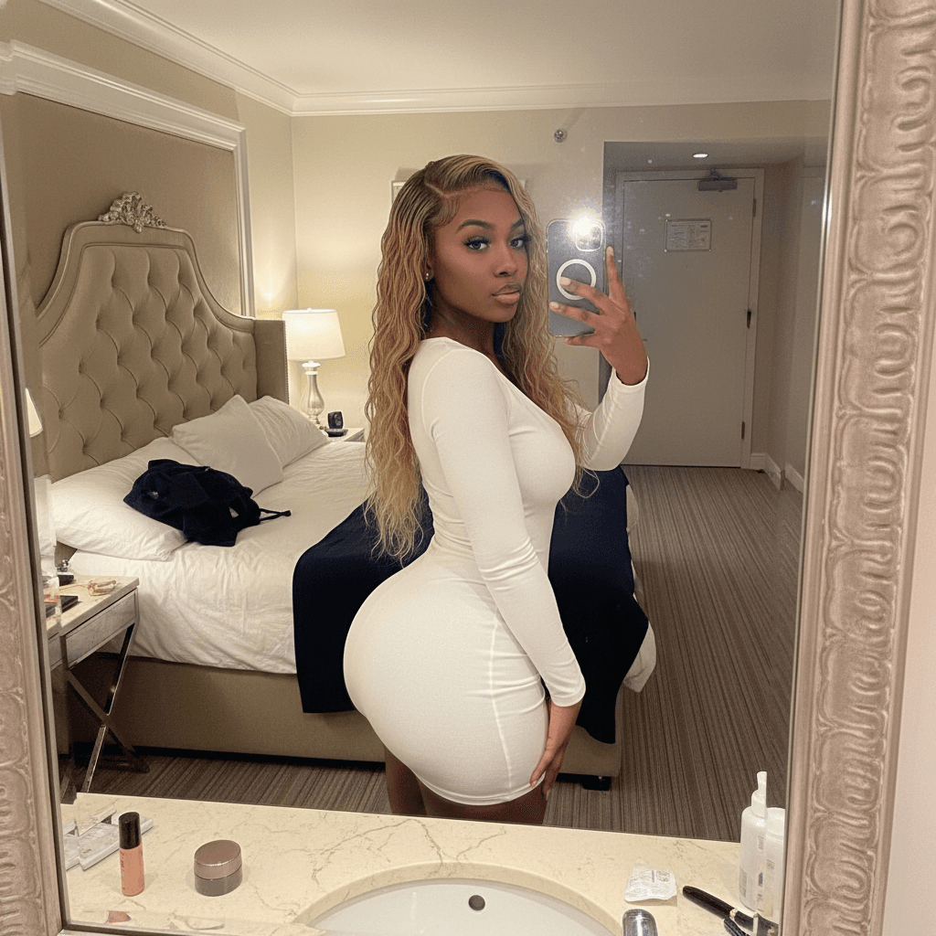 A young ebony woman in her 20s, plump lips, long blonde hair with hair edges, curvy body, thick thighs, plump ass, selfie pov mirror in hotel. Wearing bodycon white dress