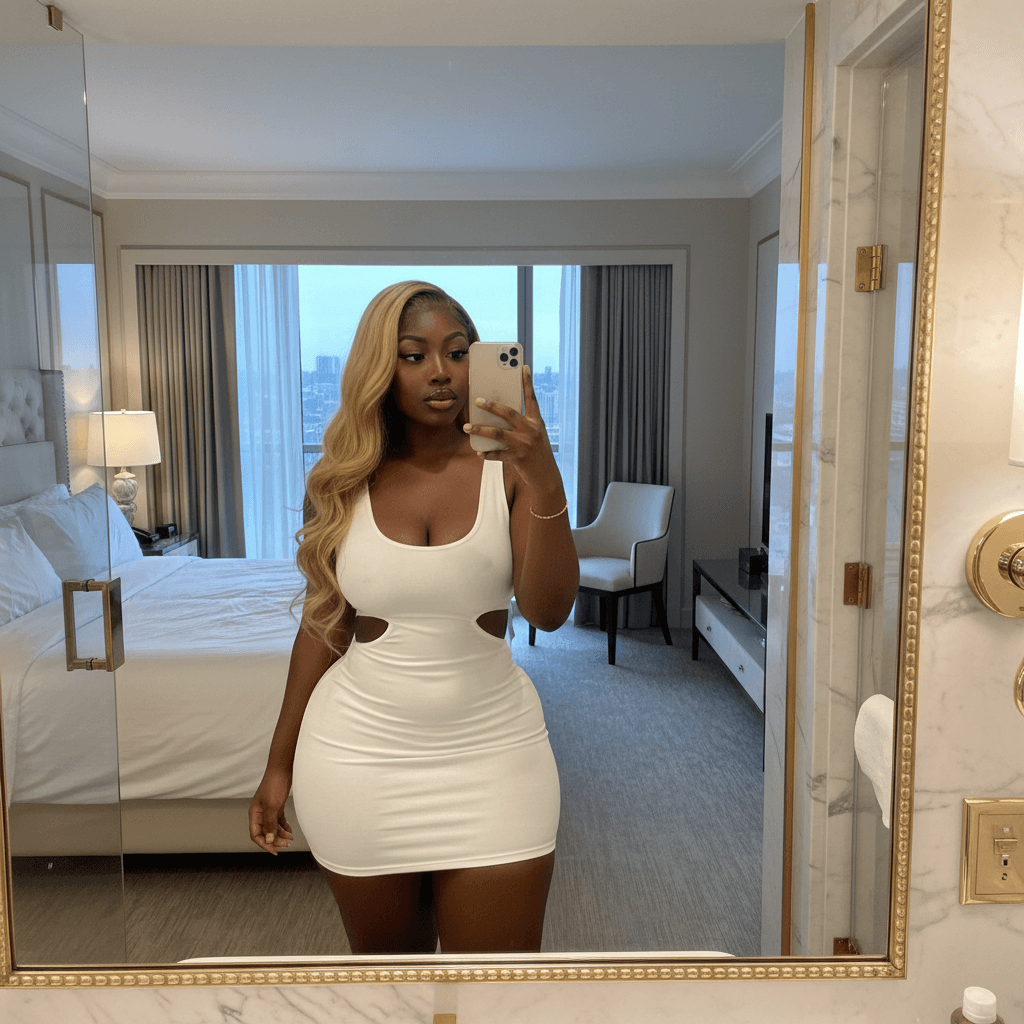 A young ebony woman in her 20s, plump lips, long blonde hair with hair edges, curvy body, thick thighs, plump ass, selfie pov mirror in hotel. Wearing bodycon white dress