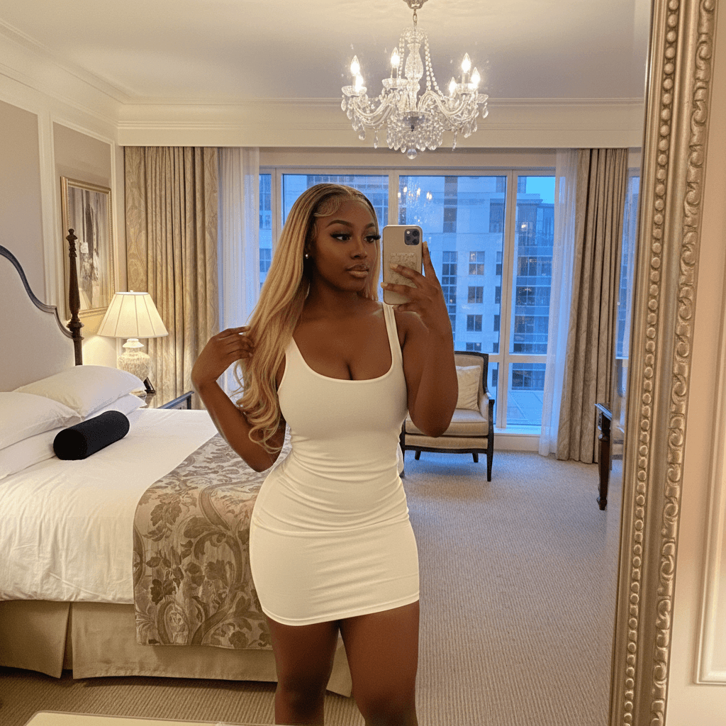 A young ebony woman in her 20s, plump lips, long blonde hair with hair edges, curvy body, thick thighs, plump ass, selfie pov mirror in hotel. Wearing bodycon white dress