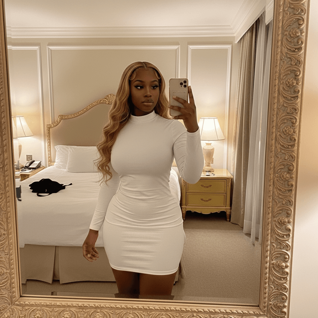 A young ebony woman in her 20s, plump lips, long blonde hair with hair edges, curvy body, thick thighs, plump ass, selfie pov mirror in hotel. Wearing bodycon white dress
