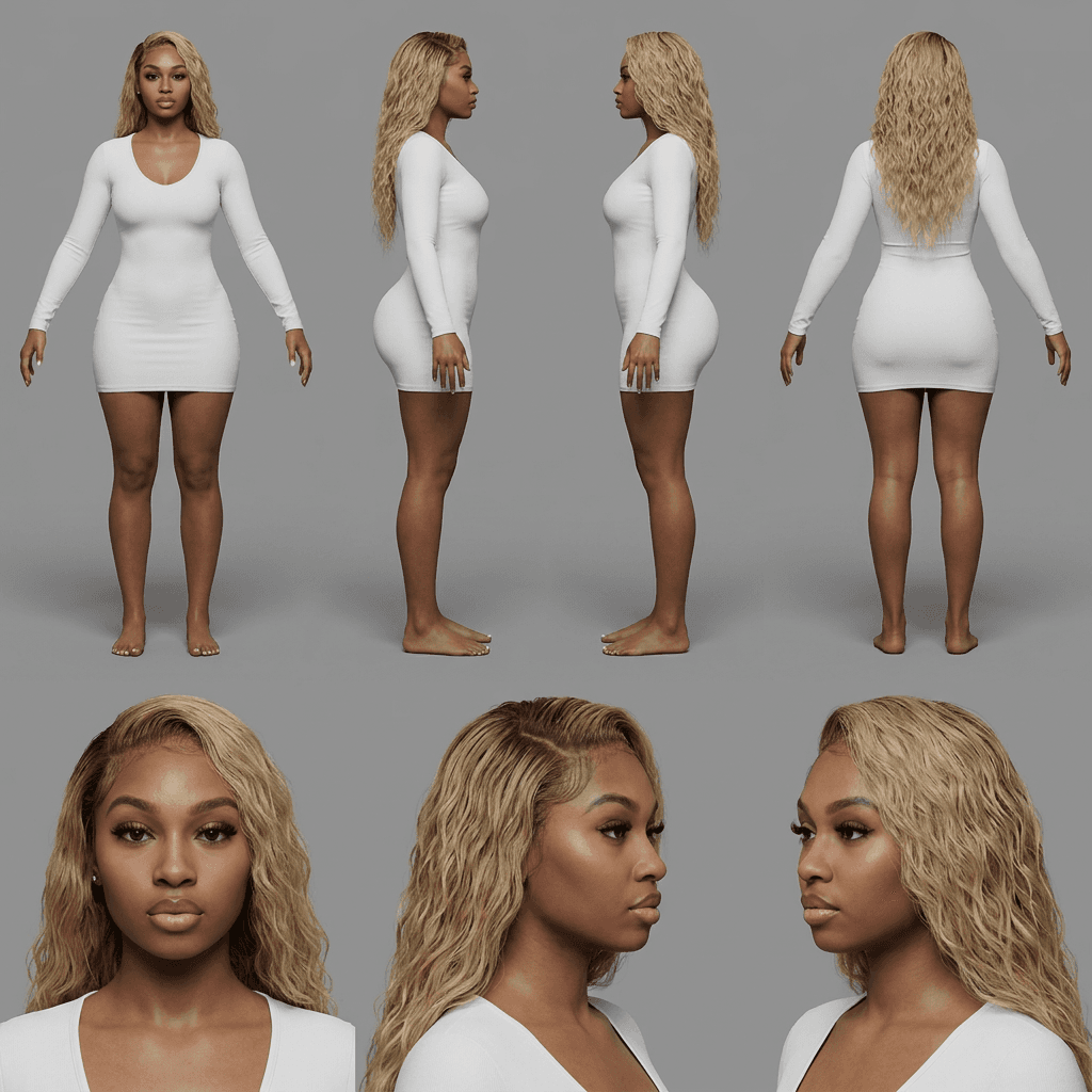 Create a professional character reference sheet based strictly on the uploaded reference image. Use a clean, neutral plain background and present the sheet as a technical model turnaround while matching the exact realistic visual style of the reference. Arrange the composition into two horizontal rows. Top row: four full-body standing views – front, left profile, right profile, back. Bottom row: three close-up portraits – front, left profile, right profile. Maintain perfect identity consistency across every panel. Keep the subject in a relaxed A-pose with consistent scale and alignment, accurate anatomy, and clear silhouette. Lighting should be consistent across all panels. Output a crisp, ultra-realistic, print-ready reference sheet.