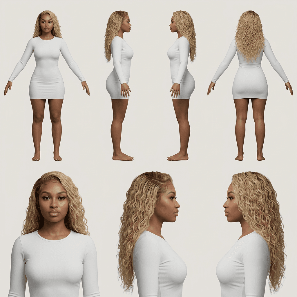 Create a professional character reference sheet based strictly on the uploaded reference image. Use a clean, neutral plain background and present the sheet as a technical model turnaround while matching the exact realistic visual style of the reference. Arrange the composition into two horizontal rows. Top row: four full-body standing views – front, left profile, right profile, back. Bottom row: three close-up portraits – front, left profile, right profile. Maintain perfect identity consistency across every panel. Keep the subject in a relaxed A-pose with consistent scale and alignment, accurate anatomy, and clear silhouette. Lighting should be consistent across all panels. Output a crisp, ultra-realistic, print-ready reference sheet.