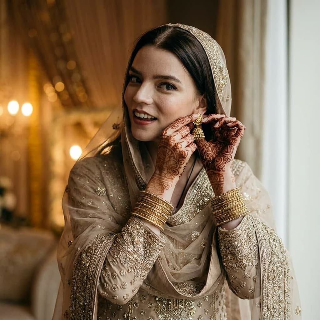 Ultra-realistic cinematic portrait of a beautiful young woman wearing elegant traditional Punjabi attire, soft beige and champagne-colored embroidered salwar kameez with heavy zari and sequined detailing, sheer dupatta with intricate border work draped gracefully over shoulders, long dark wavy hair with soft volume, subtle glam makeup, warm peach blush, glossy nude lips, sharp eyeliner, expressive eyes looking sideways, delicate gold Punjabi jhumka earrings, stacked gold bangles, detailed mehndi/henna designs covering hands and wrists, feminine graceful pose adjusting earring, luxurious South Asian wedding atmosphere, warm golden ambient lighting, moody indoor background, shallow depth of field, soft cinematic shadows, ultra detailed skin texture, realistic fabric folds, high fashion editorial photography, dreamy bokeh, royal Punjabi bridal aesthetic, shot on 85mm lens, photorealistic, 8k, highly detailed, masterpiece quality.

Negative prompt: low quality, blurry face, distorted hands, extra fingers, bad anatomy, overexposed lighting, cartoon, CGI look, plastic skin, messy background, duplicate jewelry, poorly drawn mehndi, unnatural pose, watermark, text, noise, oversaturated colors.