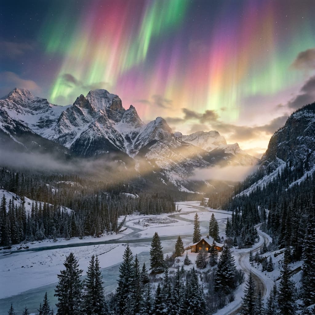 A magical aurora over snow-capped mountains at twilight, cinematic 4K, volumetric lighting, ultra-detailed landscape photography