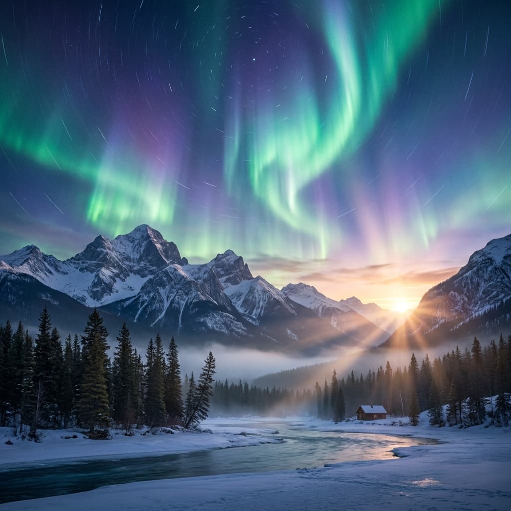 A magical aurora over snow-capped mountains at twilight, cinematic 4K, volumetric lighting, ultra-detailed landscape photography