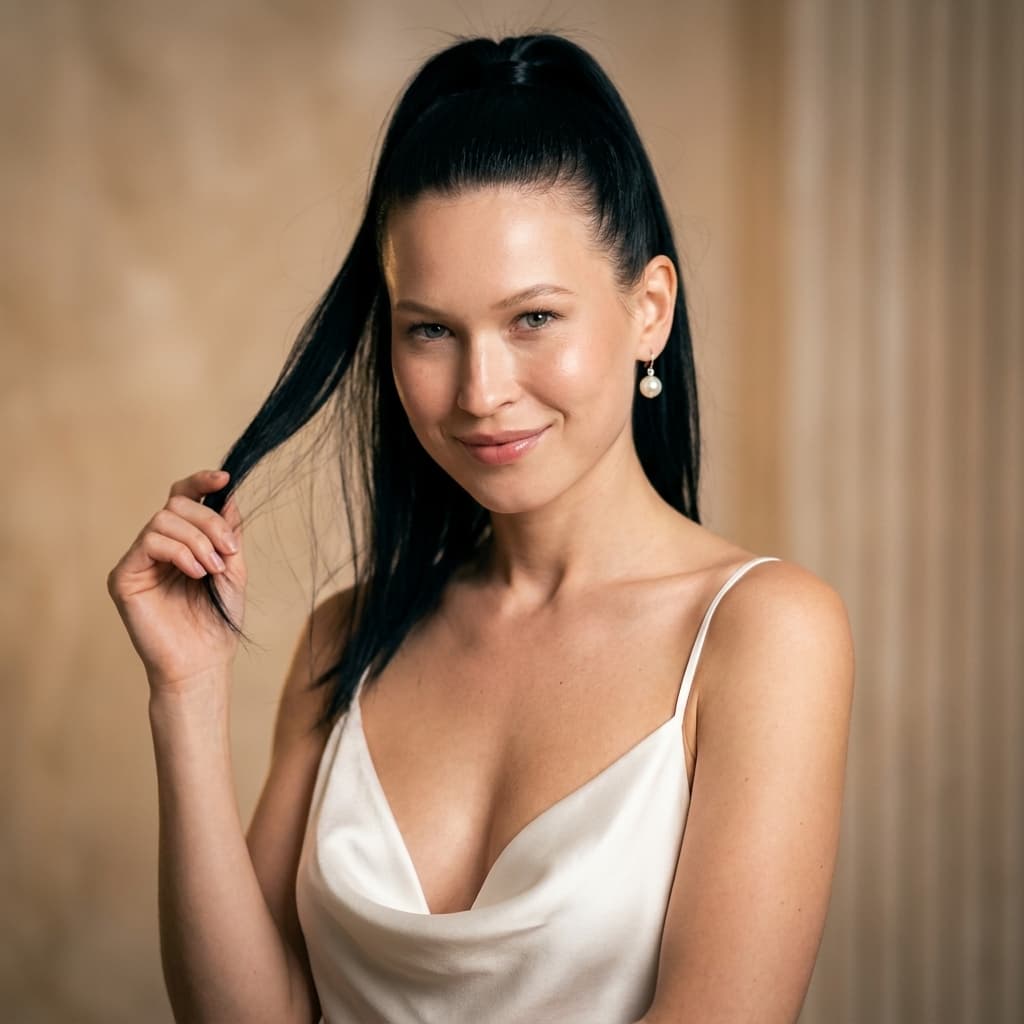 A medium shot captures the person in the uploaded reference image (DO NOT TOUCH FACE) with a high, sleek black ponytail, their head tilted slightly and a gentle smile on their lips. Their right hand is raised, fingers delicately holding a long strand of their hair. They are wearing a white satin slip dress with thin spaghetti straps and a deep cowl neckline that drapes elegantly, revealing cleavage. A single, lustrous pearl earring hangs from their left earlobe. The background is a softly blurred, textured wall in a warm, neutral beige tone, with subtle vertical lines suggesting wallpaper or paneling. The lighting is soft, warm, and diffused, coming from the front and slightly to the left, casting gentle highlights on the satin fabric, the skin, and the pearl earring, while creating a subtle bokeh effect in the background. The camera is at eye level, employing a shallow depth of field with a lens that exhibits slight barrel distortion, keeping the subject in sharp focus while the background melts away. The composition is a close-up portrait, emphasizing the subject's features and attire. The texture of the satin is highly detailed, showing its smooth, reflective surface. The overall tone is elegant, sophisticated, and alluring.
