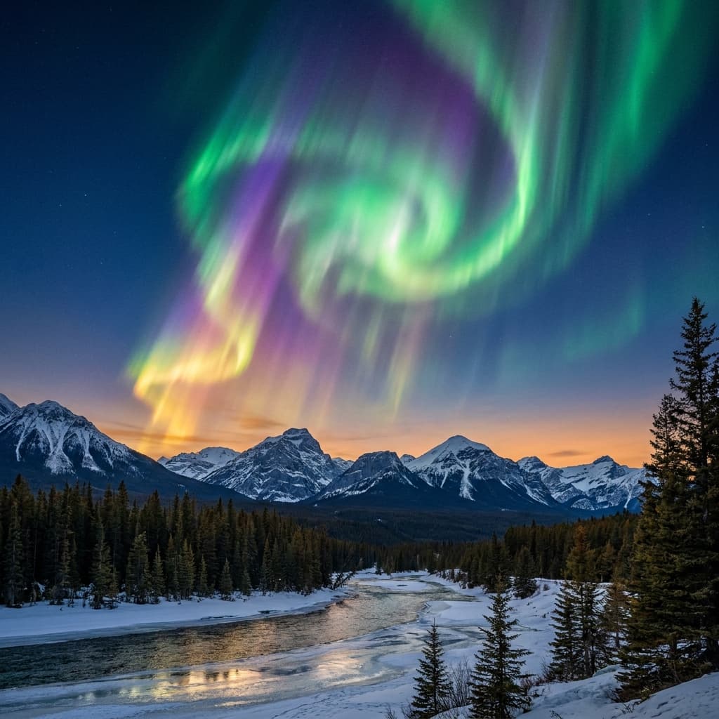 A magical aurora over snow-capped mountains at twilight, cinematic 4K, volumetric lighting, ultra-detailed landscape photography