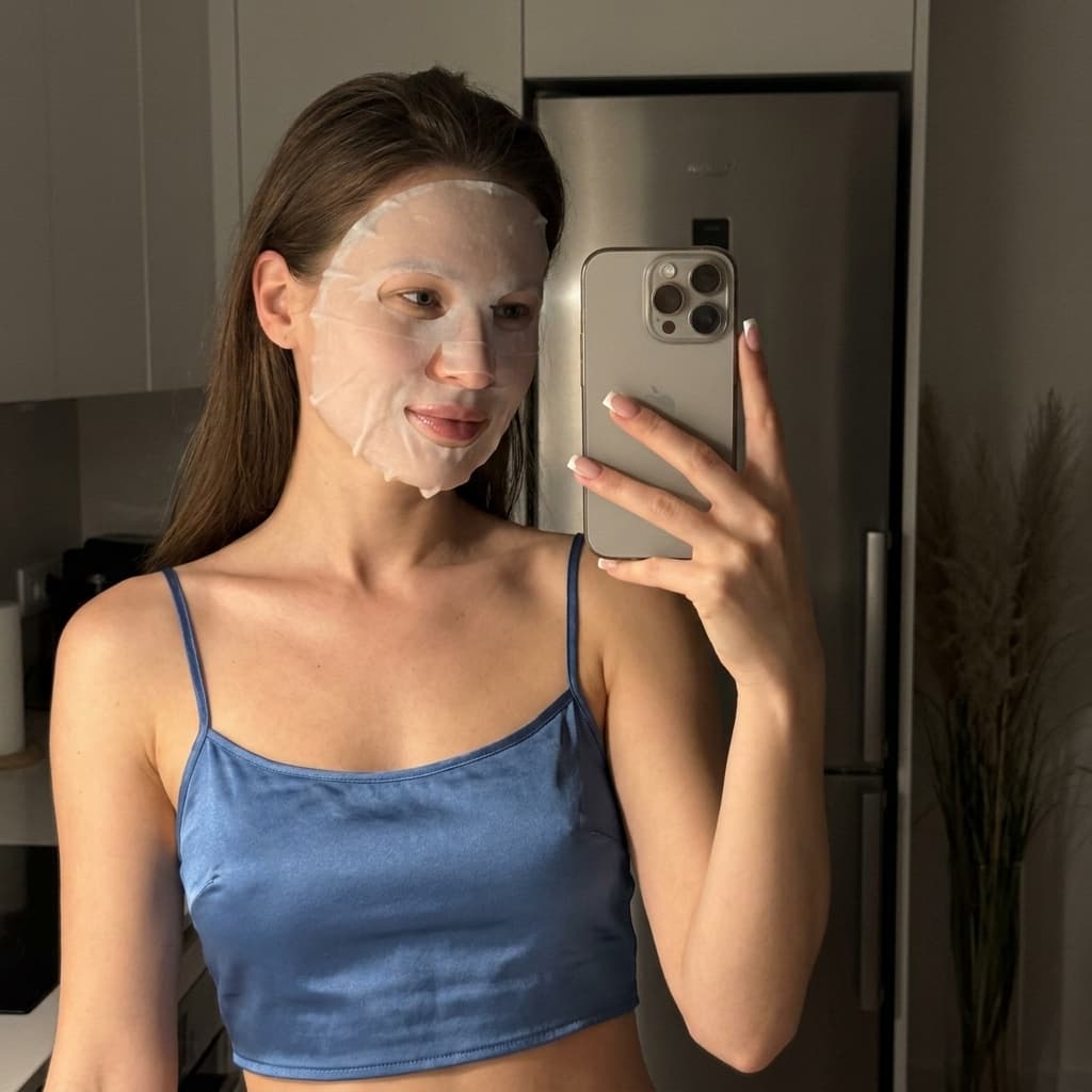 Using the person in the uploaded reference image (DO NOT TOUCH FACE), recreate this scene: Ультрареалистичный селфи-снимок в условиях глубокой ночи. Мягкое, приглушённое освещение, тёплый слабый источник света сбоку (например, от ночника или кухни), создаёт спокойную, интимную атмосферу. Без вспышки. В кадре девушка: очень длинные, прямые волосы, закинуты назад. Кожа естественного, реалистичного оттенка, длинные ресницы, лёгкий блеск на губах. На лице тканевая косметическая маска. Взгляд направлен в сторону, лёгкая, игривая, расслабленная улыбка. Ракурс — слегка сбоку, как будто фото сделано одной рукой. Фон: часть серебристого холодильника, рядом заметен высокий декоративный цветок, слегка в тени. Маникюр аккуратный — френч, квадратная форма. Одежда: свободная синяя укороченная атласная майка на тонких бретелях, с глубокими вырезами в зоне подмышек. Атмосфера спокойная, домашняя, ночная, с мягкими тенями и приглушёнными цветами. Формат 9:16. Photorealistic capture with iPhone 15 Pro style optics, natural skin texture, realistic reflections, balanced exposure, and sharp focus.
